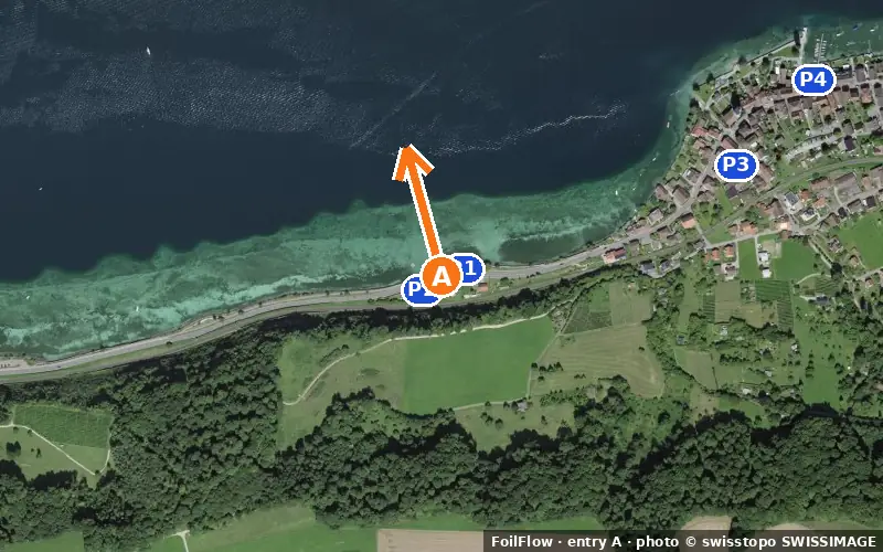 Aerial photo of entry A at Berlingen (Untersee): the arrow points onto the water, P = car parks