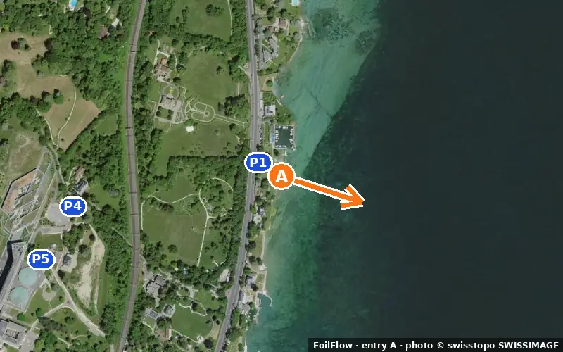 Aerial photo of entry A at Chambésy (Lac Léman): the arrow points onto the water, P = car parks