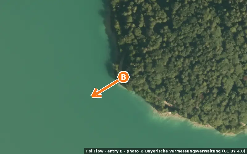 Aerial photo of entry B at Jachenau (Walchensee): the arrow points onto the water, P = car parks