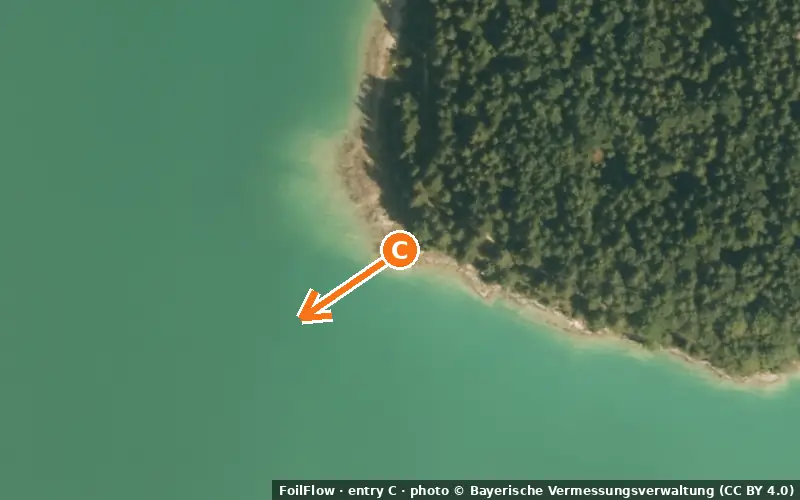 Aerial photo of entry C at Jachenau (Walchensee): the arrow points onto the water, P = car parks