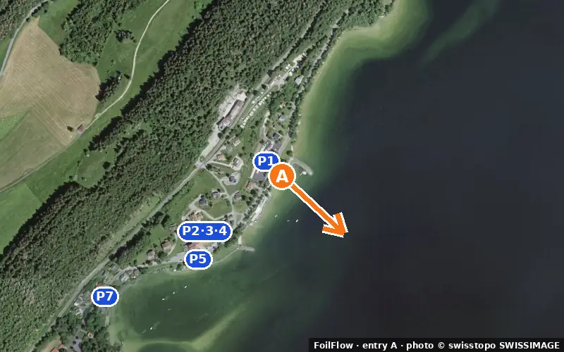 Aerial photo of entry A at Le Sentier (Lac de Joux): the arrow points onto the water, P = car parks