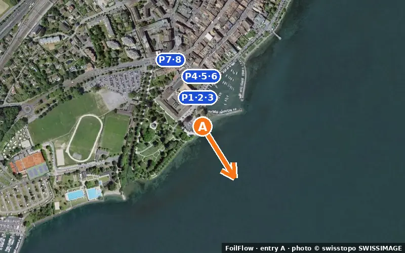 Aerial photo of entry A at Morges (Lac Léman): the arrow points onto the water, P = car parks