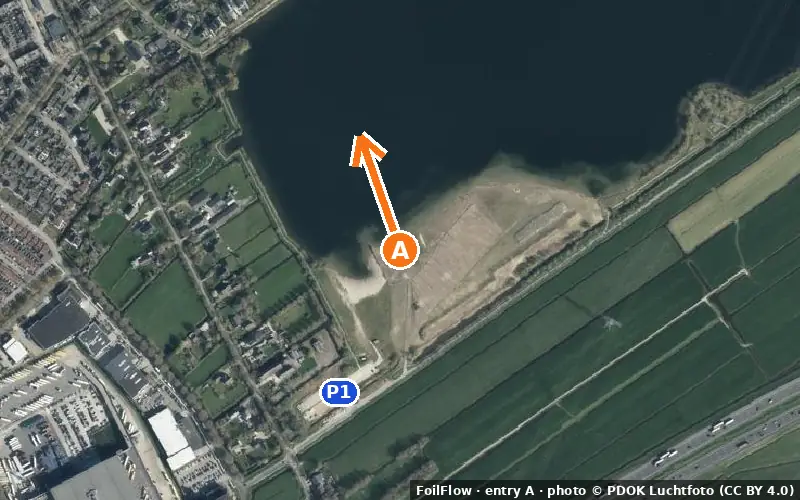 Aerial photo of entry A at Woerden: the arrow points onto the water, P = car parks